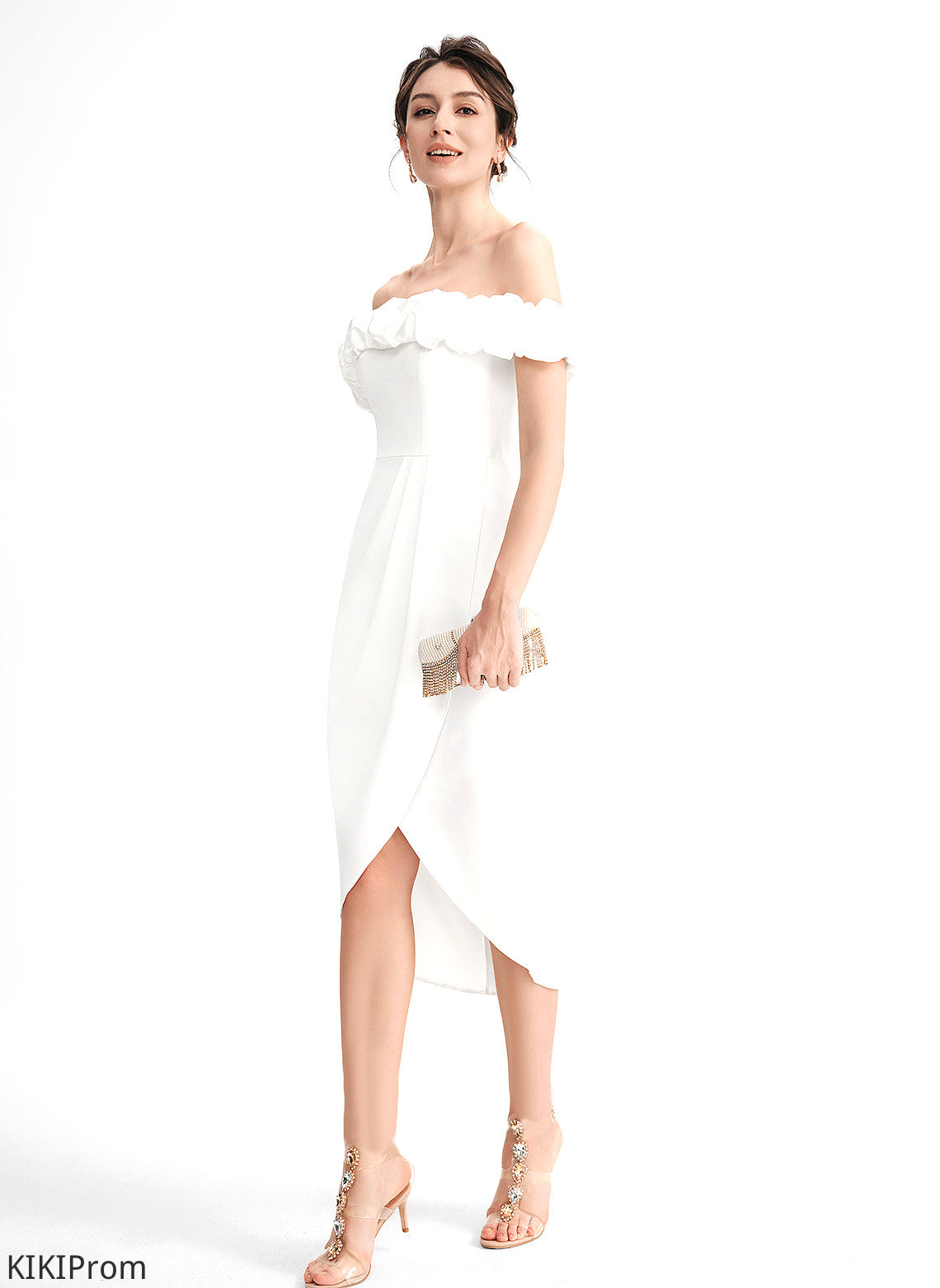 Cocktail Skylar Crepe Stretch Dress Ruffle With Cocktail Dresses Off-the-Shoulder Asymmetrical