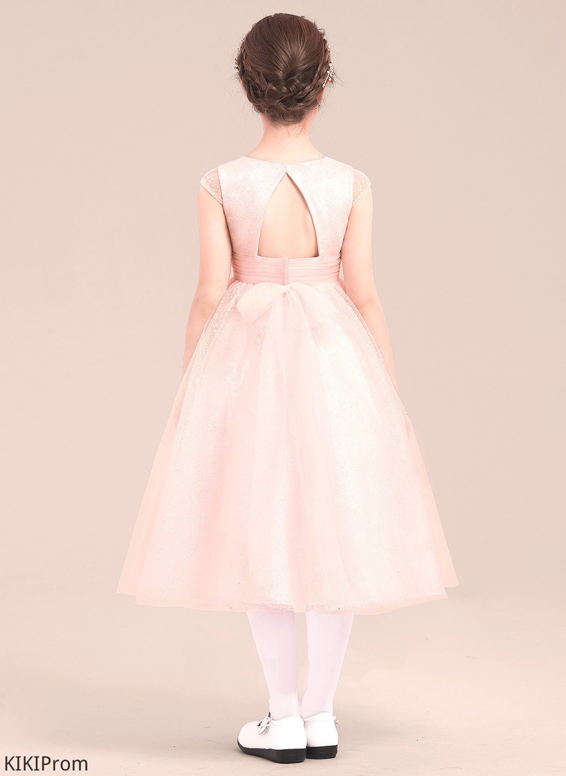 Girl Bow(s) With Tulle Flower Neck Sleeveless - Flower Girl Dresses A-Line/Princess Skylar Scoop Dress Tea-length