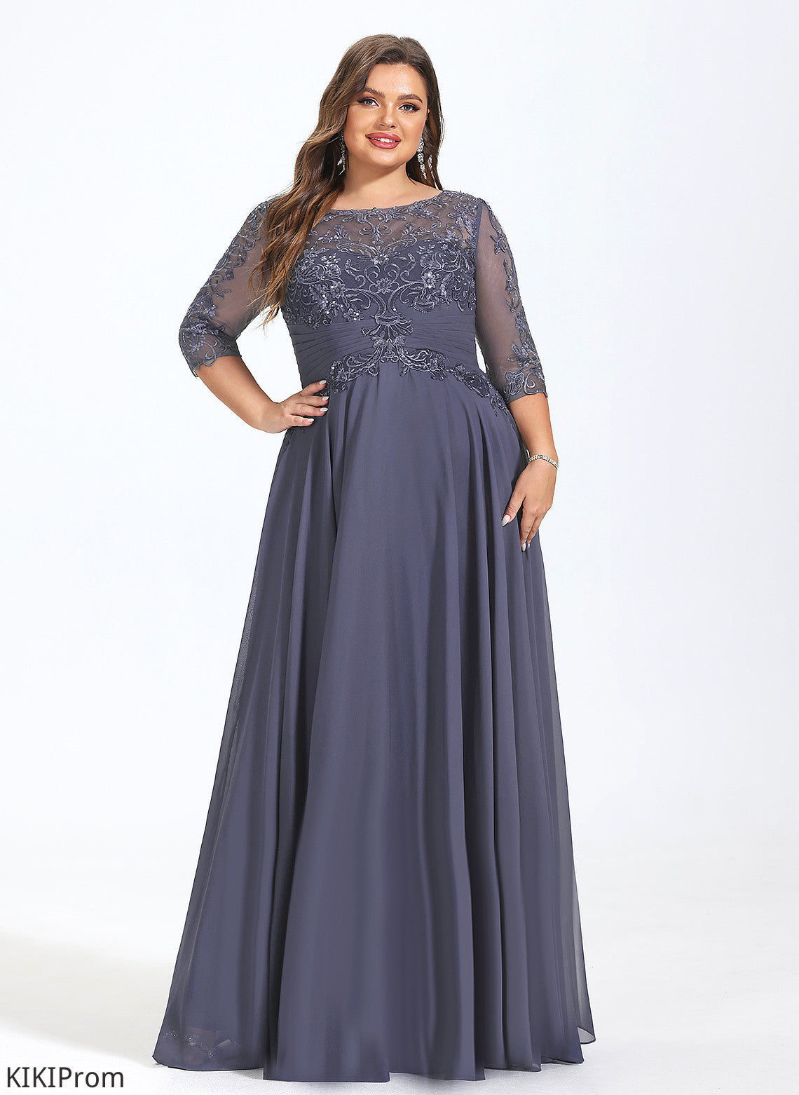Katharine Floor-Length Pleated Illusion Sequins Chiffon Lace With Prom Dresses Scoop A-Line