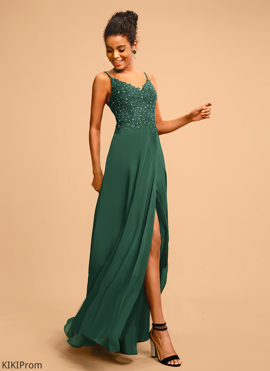 A-Line With Floor-Length Beading Izabelle Lace Prom Dresses Sequins V-neck Chiffon
