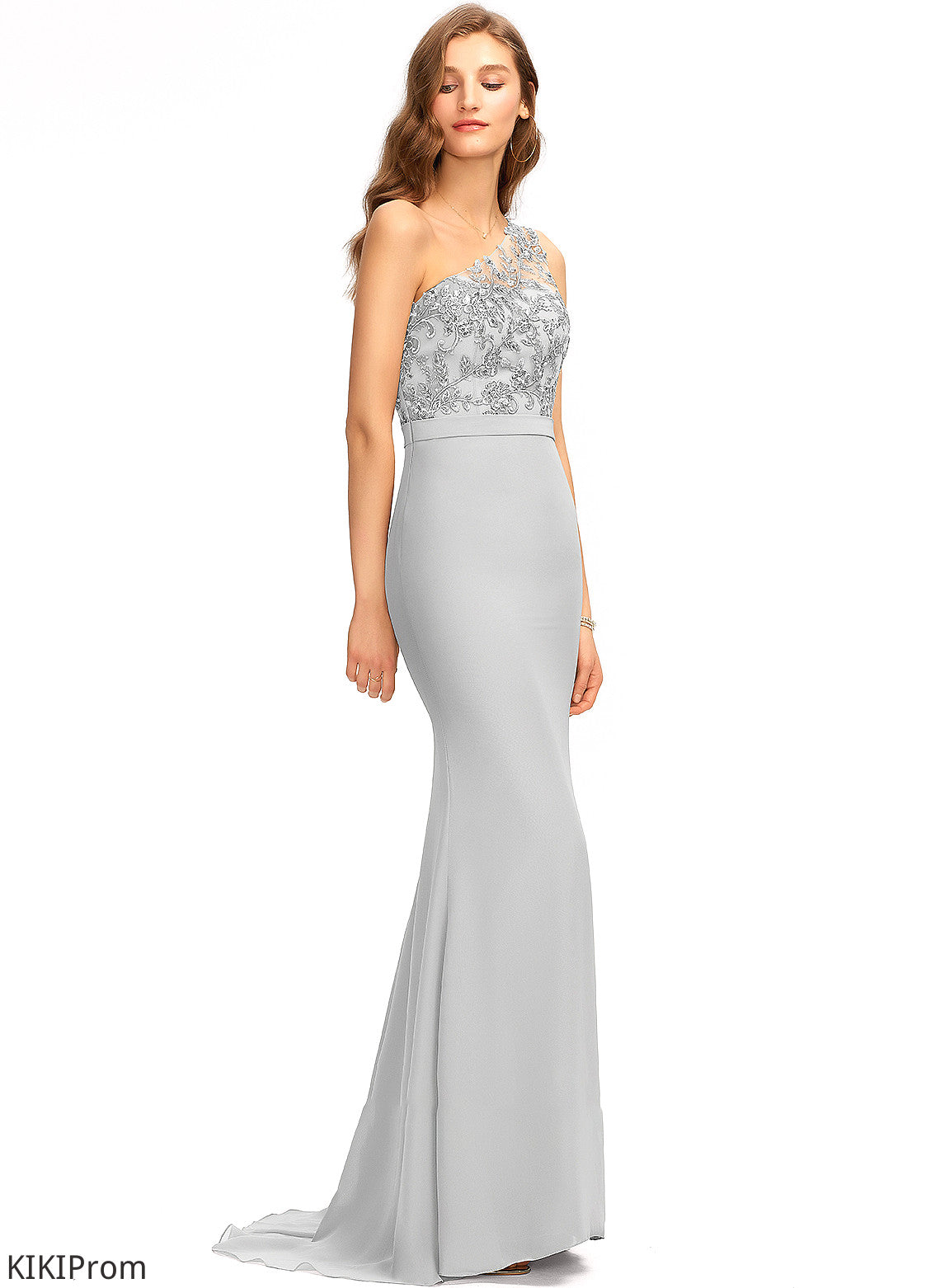Fabric Neckline Straps Lace SweepTrain Length Trumpet/Mermaid One-Shoulder Silhouette Jaycee Floor Length Natural Waist Bridesmaid Dresses
