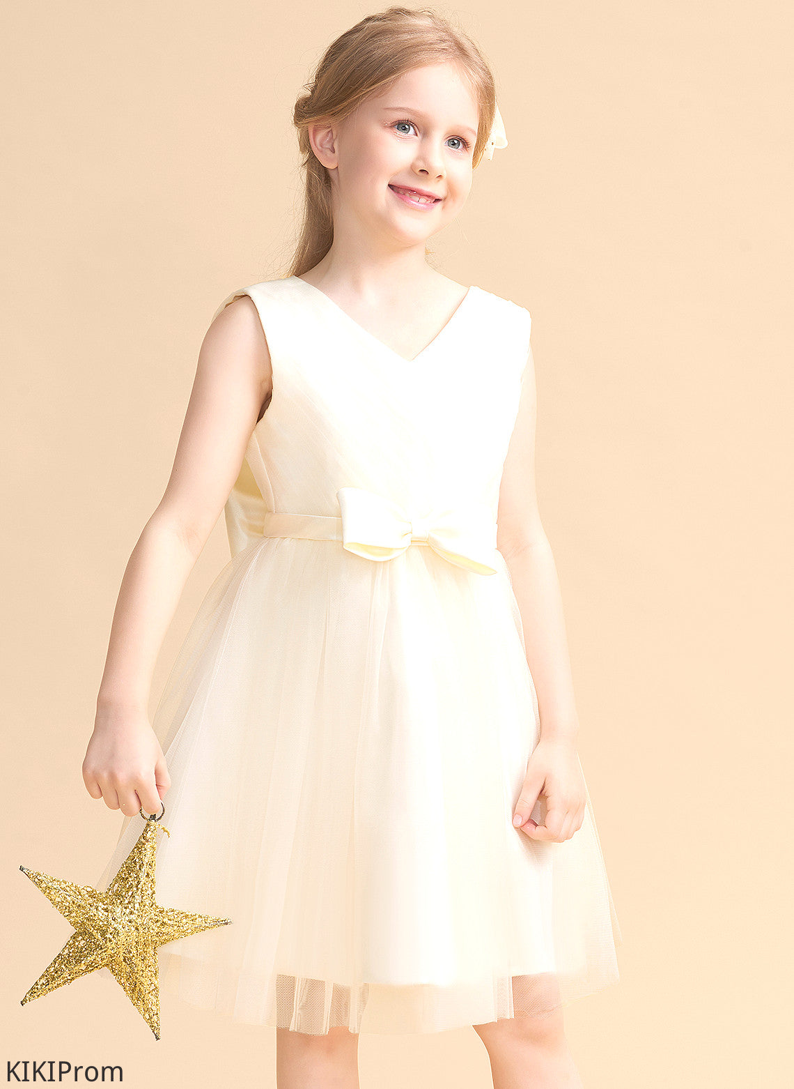 Dress A-Line With Tulle Flower Sleeveless Bow(s) Lacey V-neck Flower Girl Dresses Girl - Knee-length