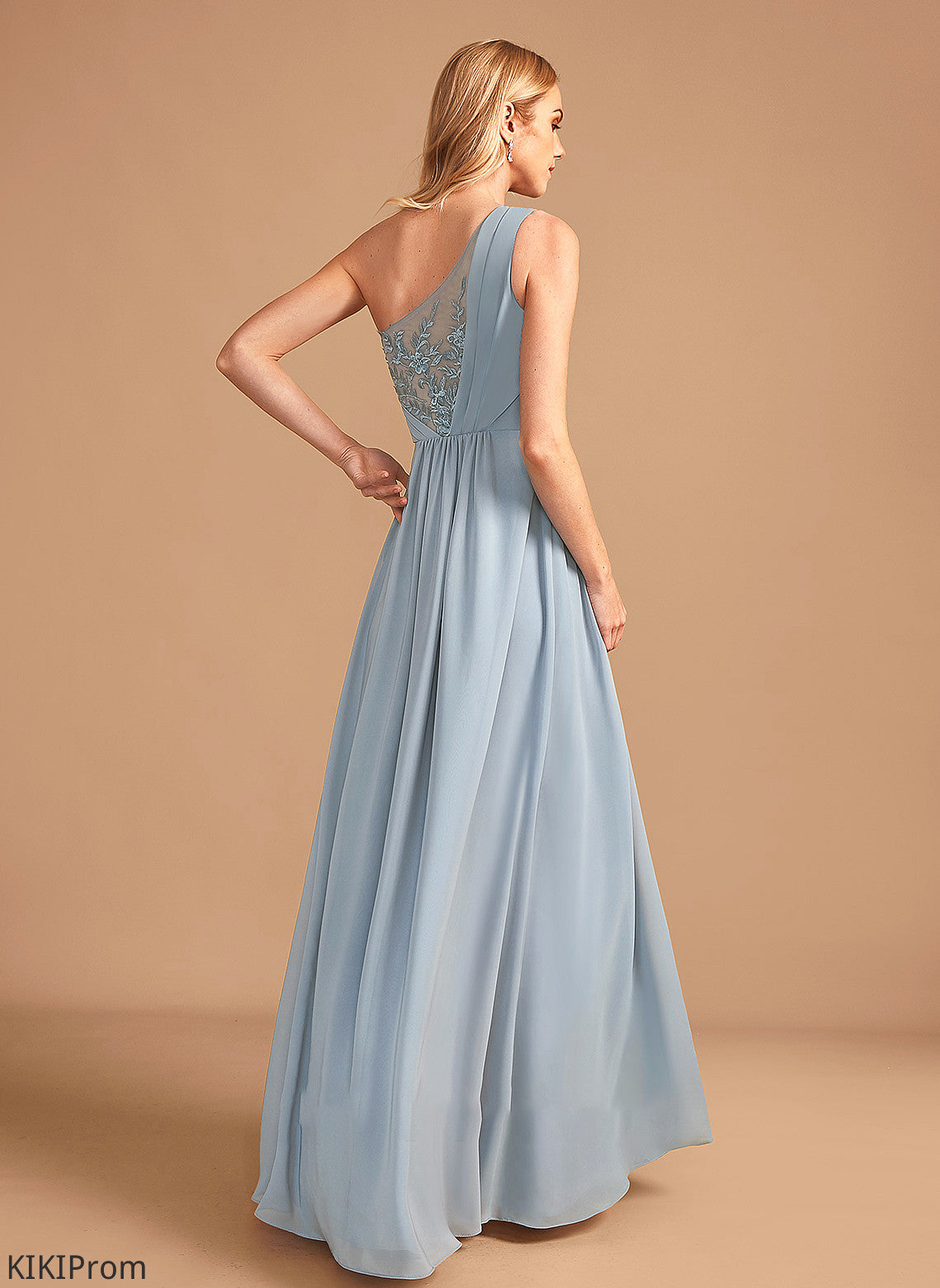 A-Line Floor-Length Sequins Silhouette One-Shoulder Embellishment Length Lace Fabric Neckline Leah Natural Waist Bridesmaid Dresses