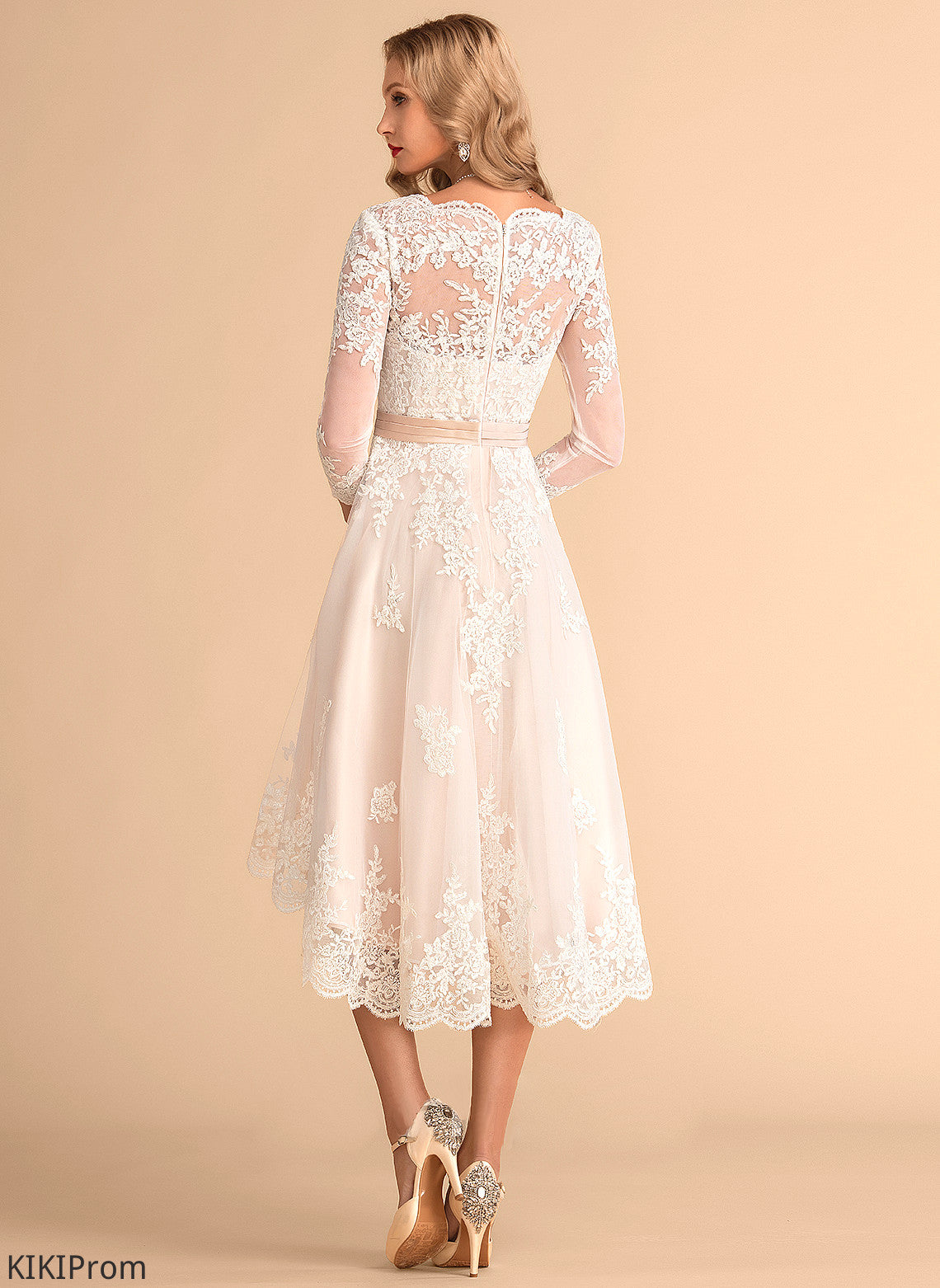 Cherish Tulle Satin V-neck A-Line Lace Dress Asymmetrical Wedding Wedding Dresses