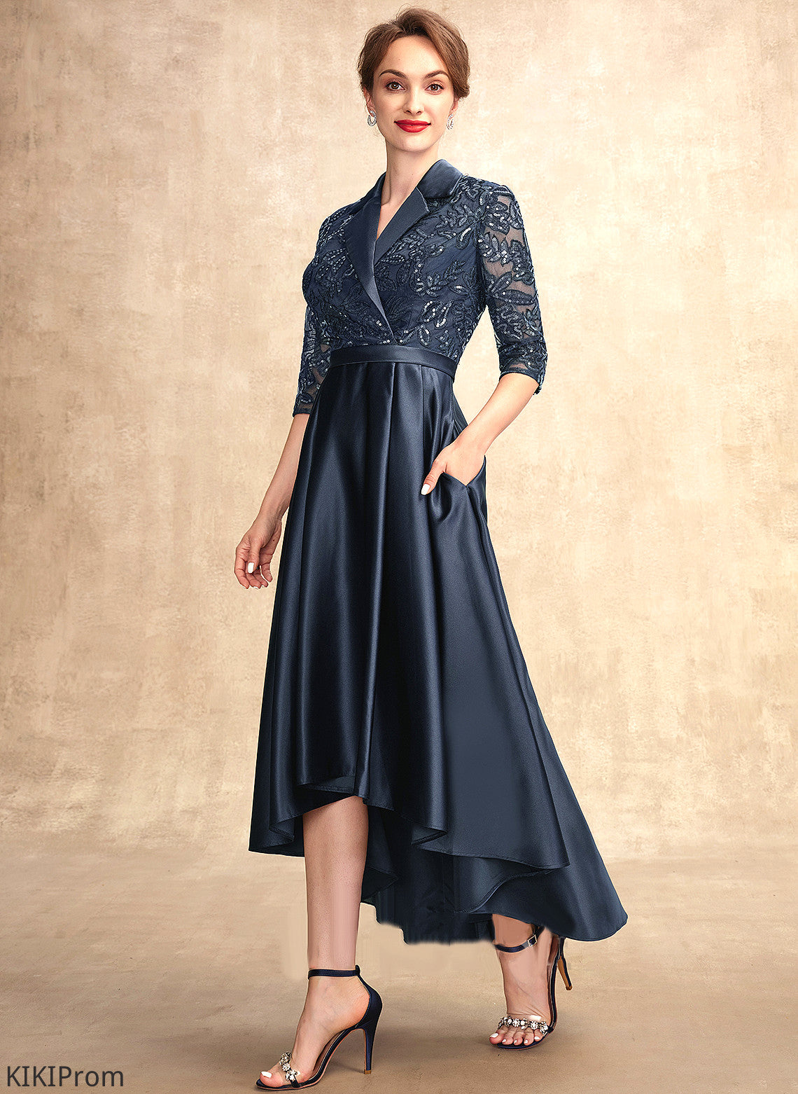 A-Line V-neck Mother Sequins Asymmetrical the Pockets Dress Bride Madalynn Lace Mother of the Bride Dresses Satin of With