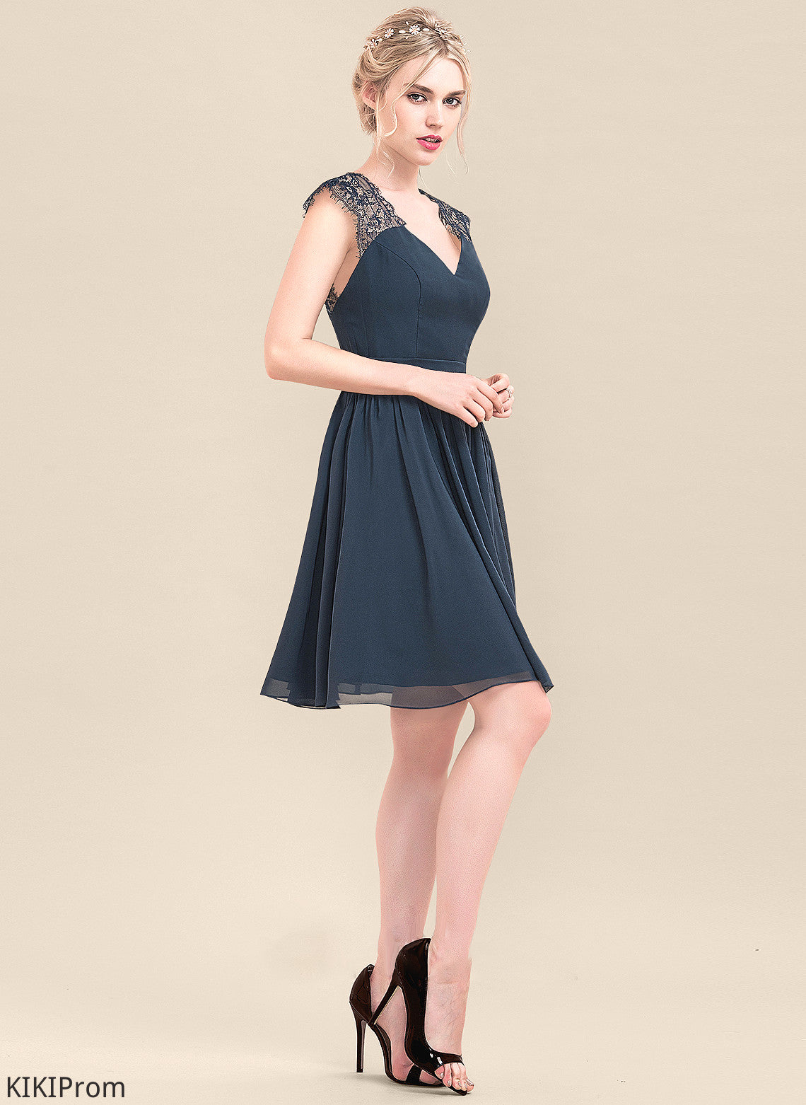 Knee-Length Straps Neckline V-neck Lace Length Silhouette Fabric A-Line Adelyn Bridesmaid Dresses