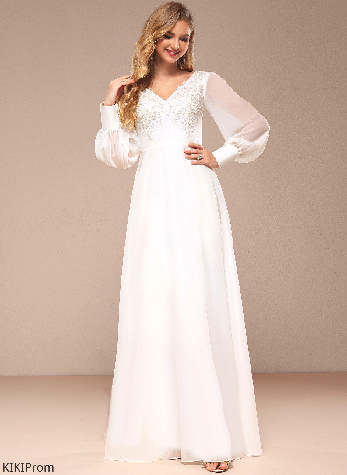 With Floor-Length Chiffon A-Line V-neck Wedding Wedding Dresses Sequins Lizbeth Dress Lace
