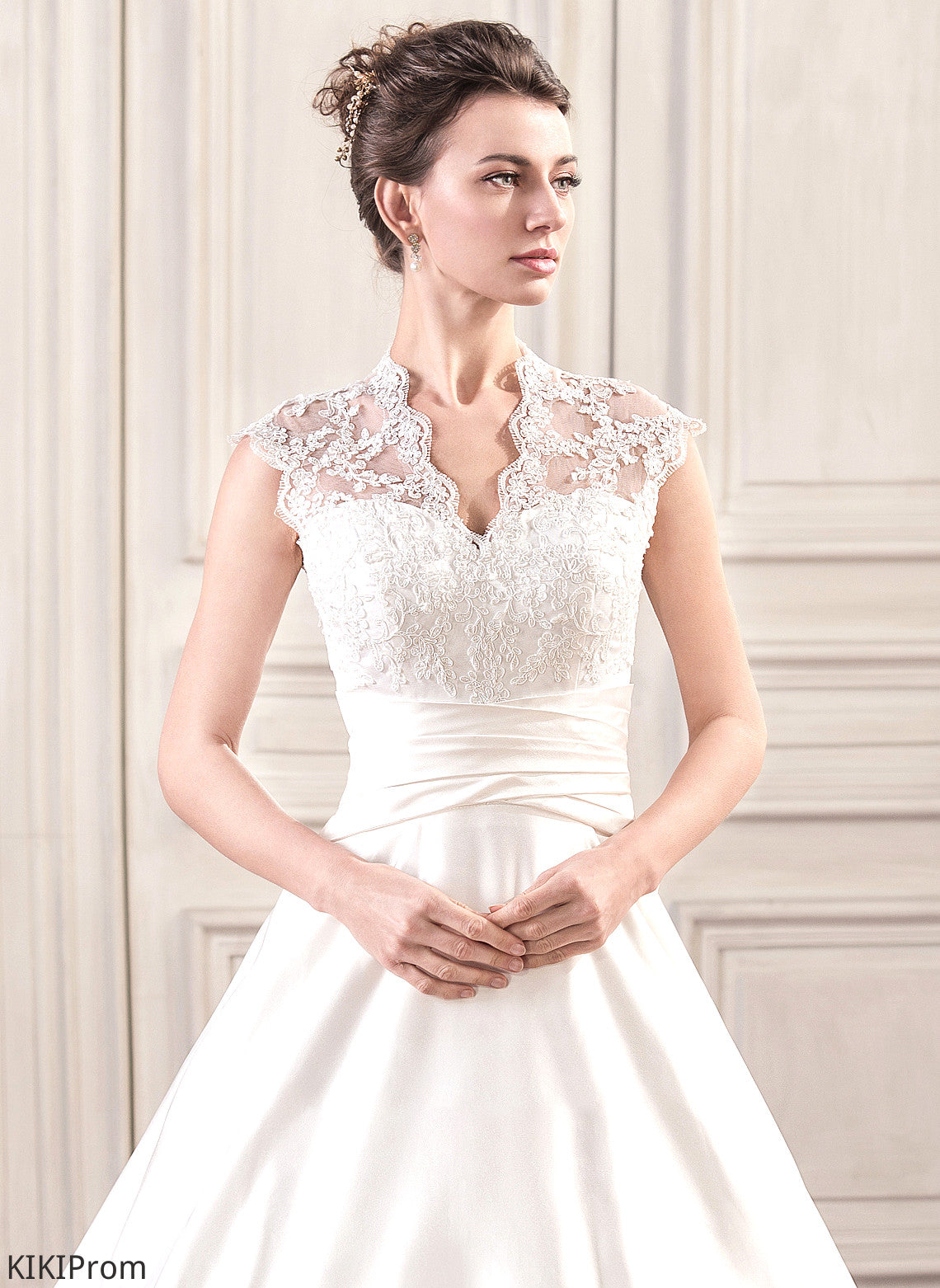 Wedding Dresses Court Ruffle Train Satin Dress With V-neck Lace Renata Wedding Ball-Gown/Princess