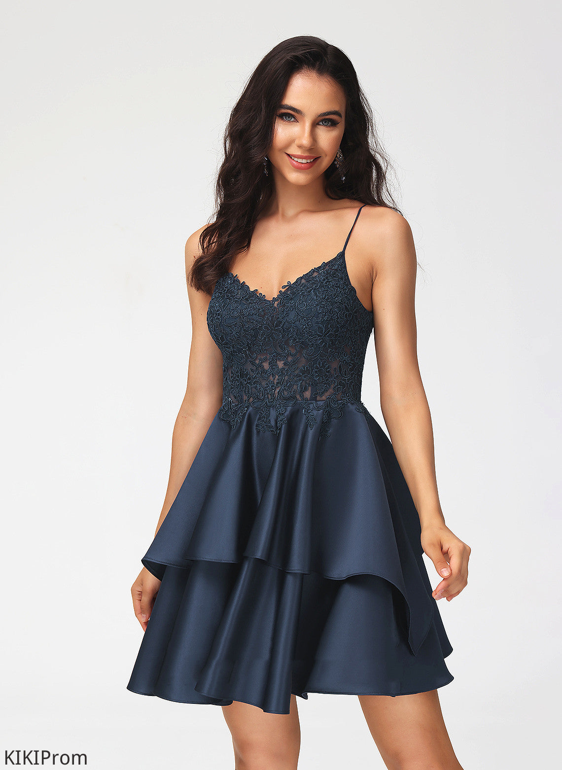 Short/Mini A-Line Homecoming Dresses Lace Dress Satin V-neck Arely Homecoming With