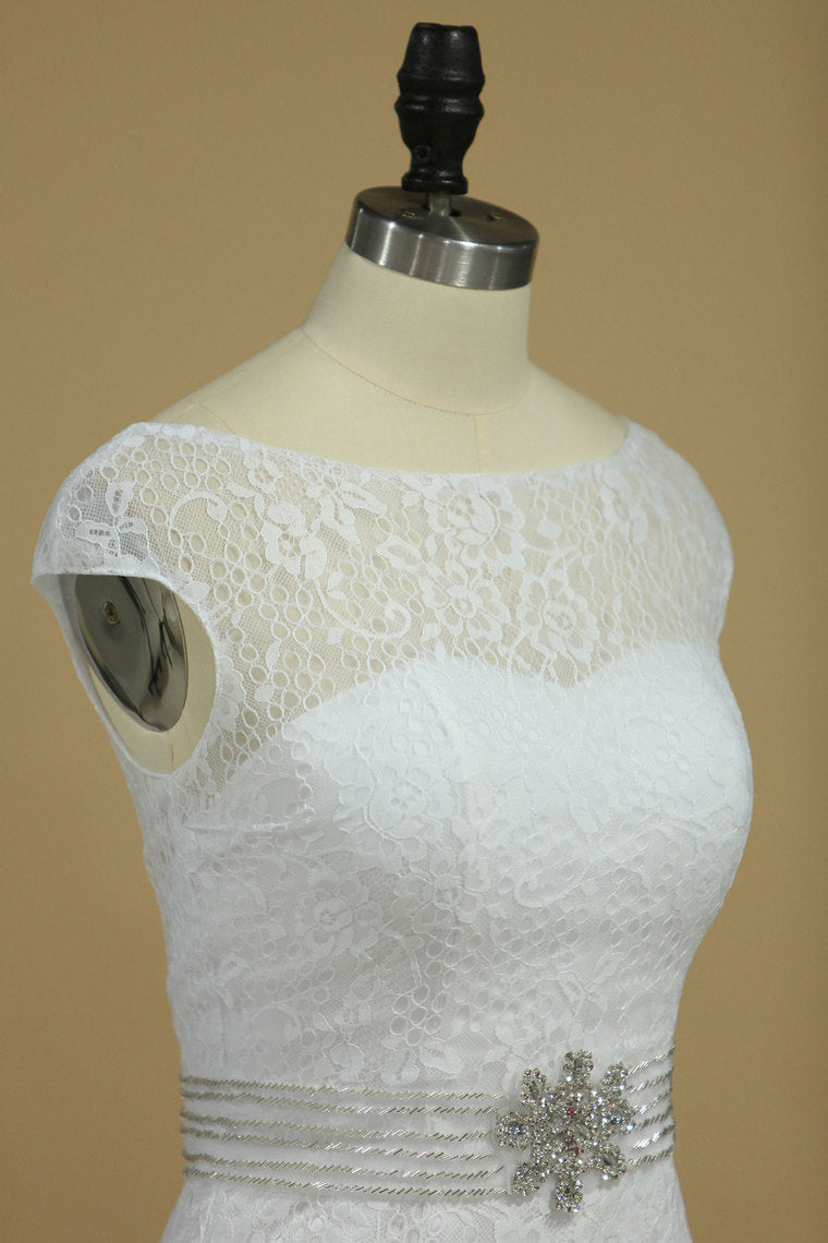 2022 Scoop Cap Sleeves Mermaid Wedding Dresses Beaded Waistband Lace