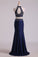 2022 Dark Royal Blue Halter Two-Piece Beaded Bodice Mermaid Open Back Prom Dresses Spandex & Tulle Floor Length
