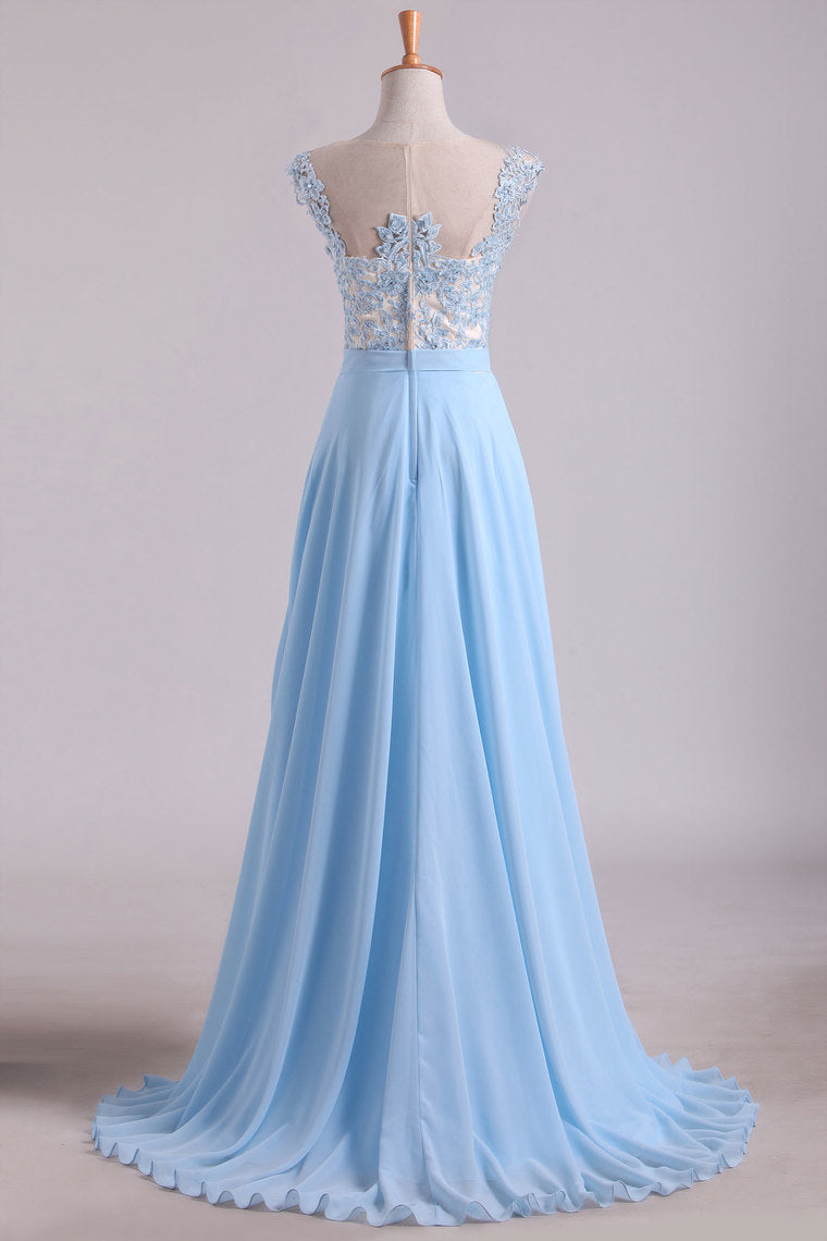 2022 Scoop Cap Sleeves Prom Dresses Chiffon With Applique Floor Length
