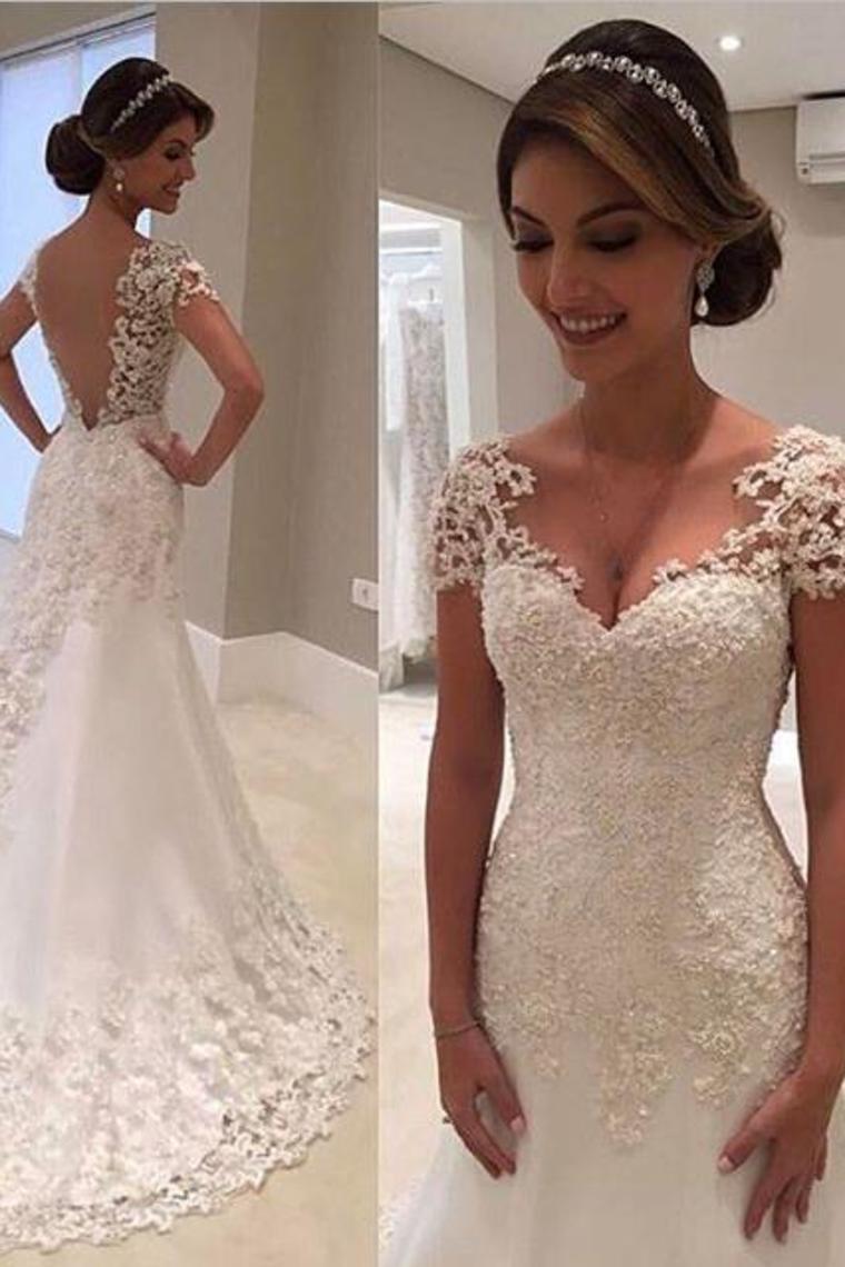 2024 New Arrival Mermaid/Trumpet V-Neck Tulle Wedding Dresses With Applique Short Sleeves