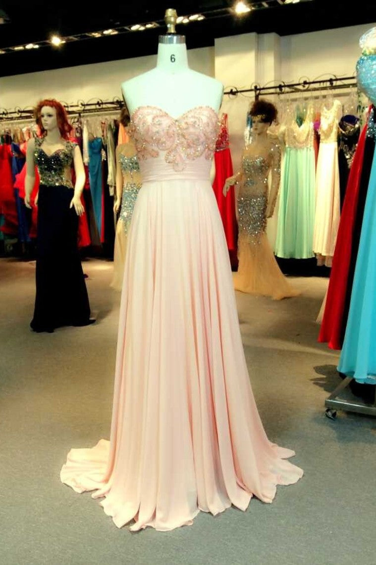 2024 New Arrival Prom Dresses A Line Sweetheart Sweep/Brush Chiffon With Beading