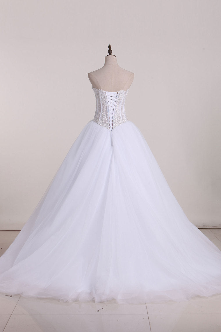 2022 Gorgeous Wedding Dresses A-Line Sweetheart See Through Floor-Length Tulle With Pearls Lace Up