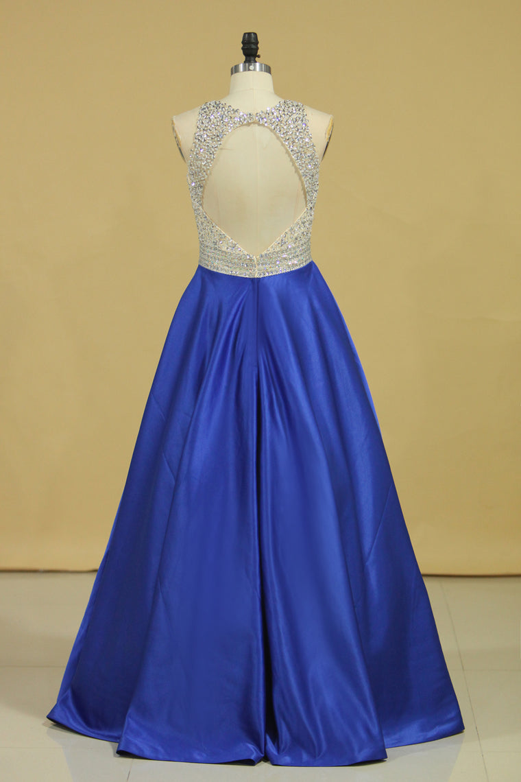 2022 Royal Blue Scoop Open Back Beaded Bodice A Line Prom Dresses Satin & Tulle Plus Size