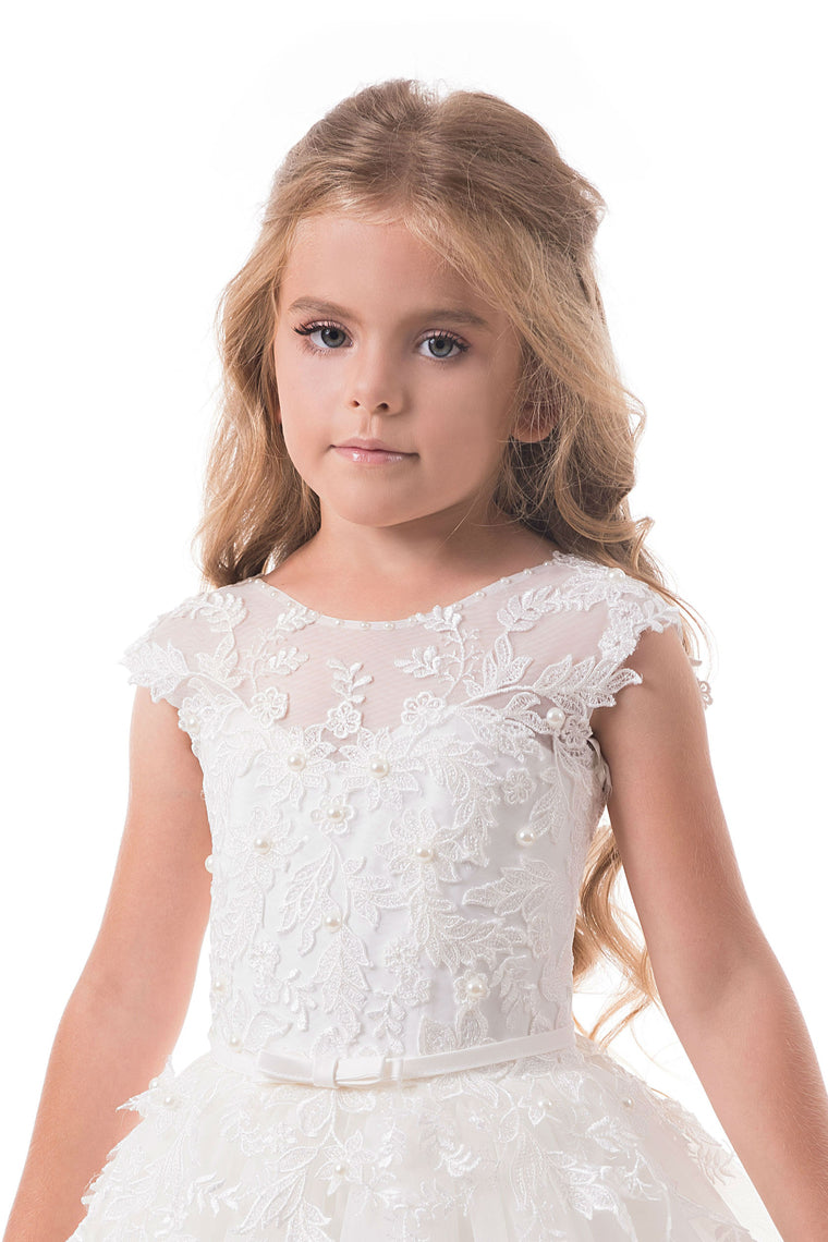 2024 Scoop A Line Tulle With Applique And Sash Sweep Train Flower Girl Dresses