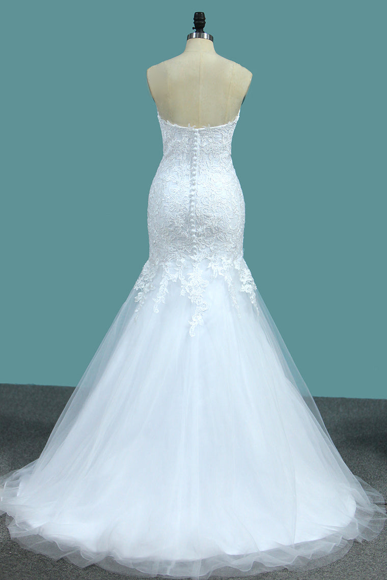 2024 Mermaid Tulle Sweetheart With Applique Sweep Train Wedding Dresses