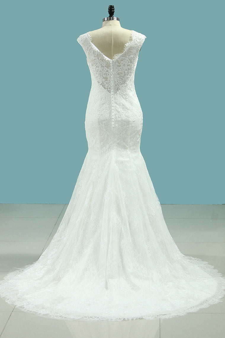 2024 V Neck Mermaid Wedding Dresses Lace With Applique Court Train