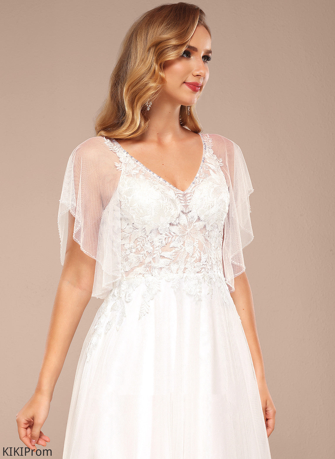 V-neck A-Line Johanna Wedding Dresses Wedding With Sequins Floor-Length Ruffle Dress Tulle Lace