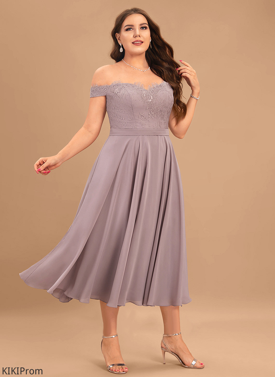 Dress Off-the-Shoulder Chiffon Homecoming With Lace Tea-Length Beading A-Line Sarahi Homecoming Dresses