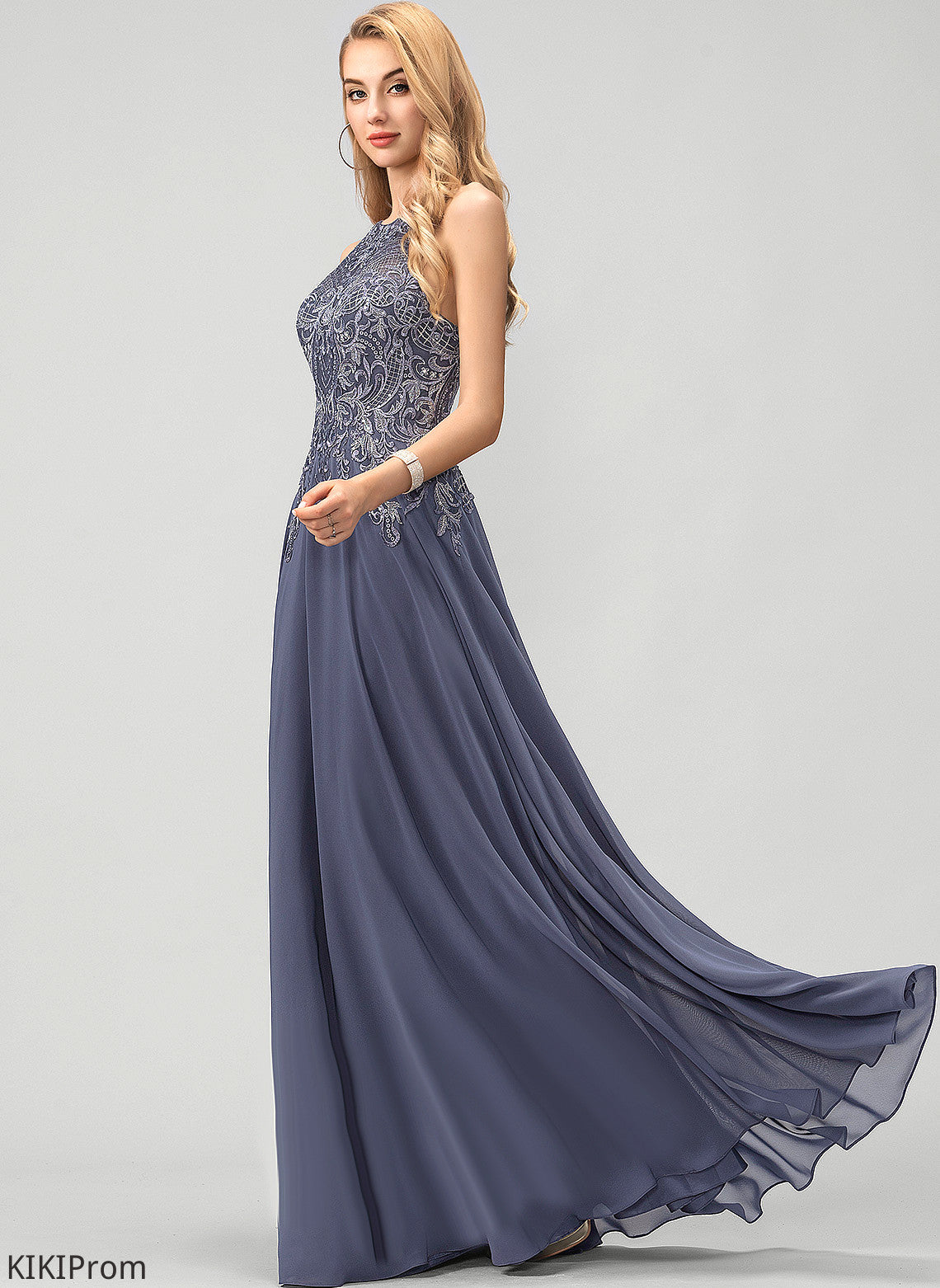 Greta With Lace Scoop Floor-Length A-Line Chiffon Prom Dresses Sequins