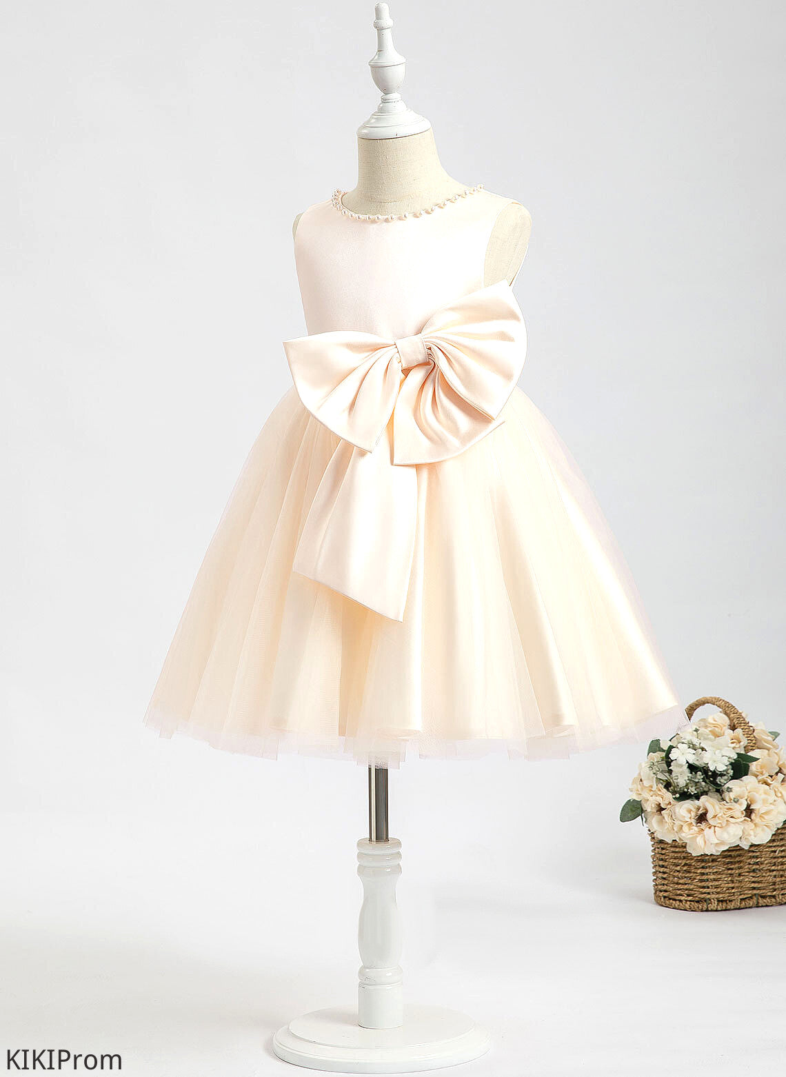 With Knee-length Beading/Bow(s) Satin - Flower Scalloped A-Line Dress Girl Neck Flower Girl Dresses Sleeveless Hailee
