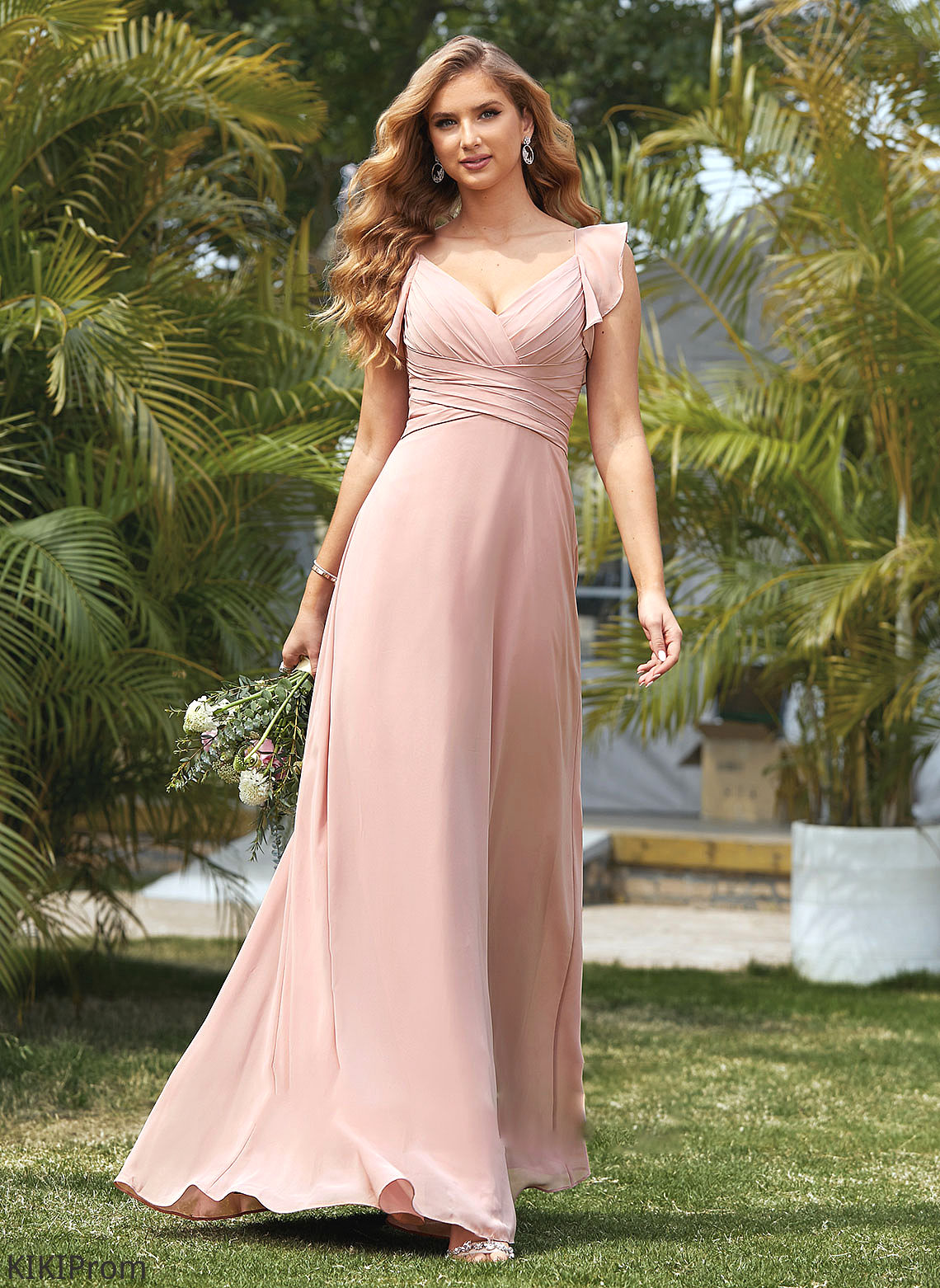 V-neck Silhouette CascadingRuffles Embellishment Length Fabric Empire Neckline Floor-Length Skyla Bridesmaid Dresses
