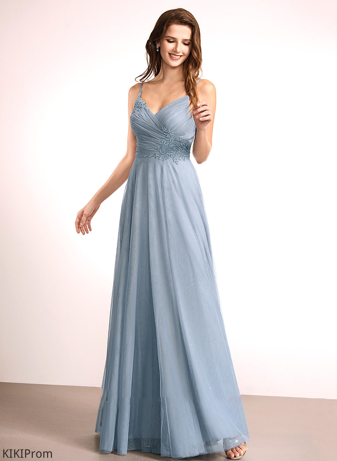Fabric V-neck Neckline Floor-Length Lace Embellishment A-Line Length Silhouette Aria Bridesmaid Dresses