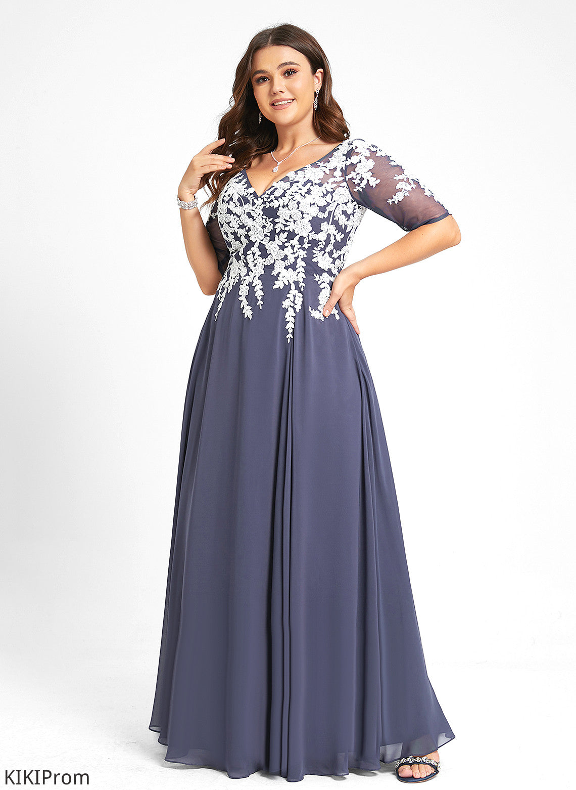 V-neck Heidy Lace Chiffon Floor-Length Prom Dresses A-Line