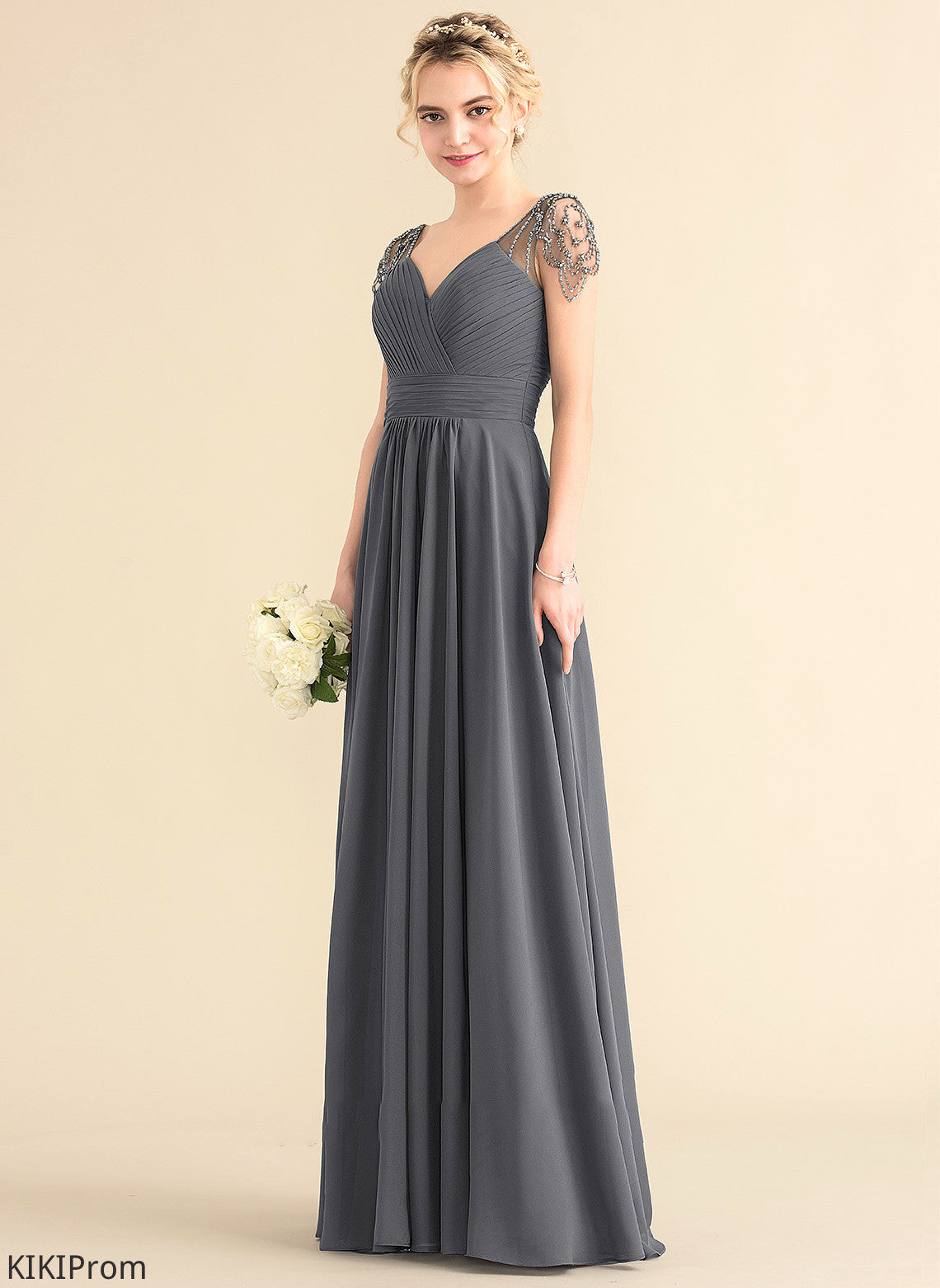 Floor-Length V-neck Length Sequins Fabric Beading Silhouette Embellishment Ruffle Neckline A-Line Aisha Bridesmaid Dresses