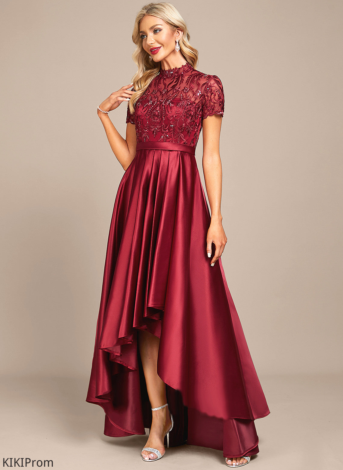 Satin A-Line Lace Cocktail Dresses Dress With Cocktail Sequins Ruffle Asymmetrical Maeve High Neck