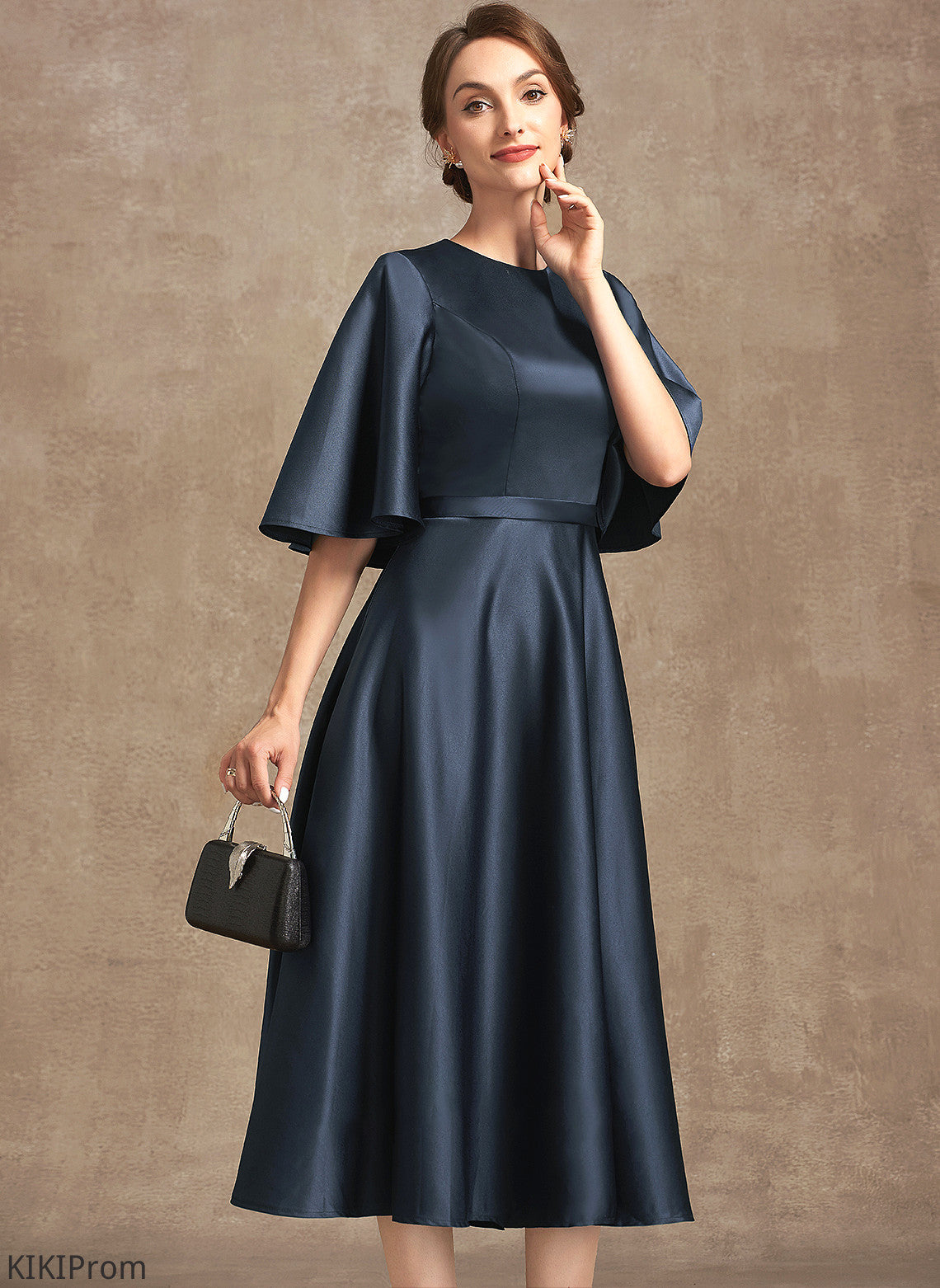 Bride Satin Tea-Length the of Dress Libby Mother Mother of the Bride Dresses Neck A-Line Scoop