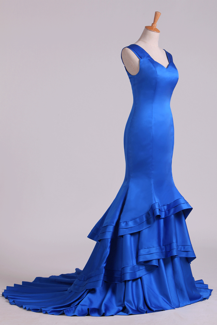 2022 Dark Royal Blue Off-The-Shoulder Mermaid Prom Dresses Sweep Train Satin Zipper Back