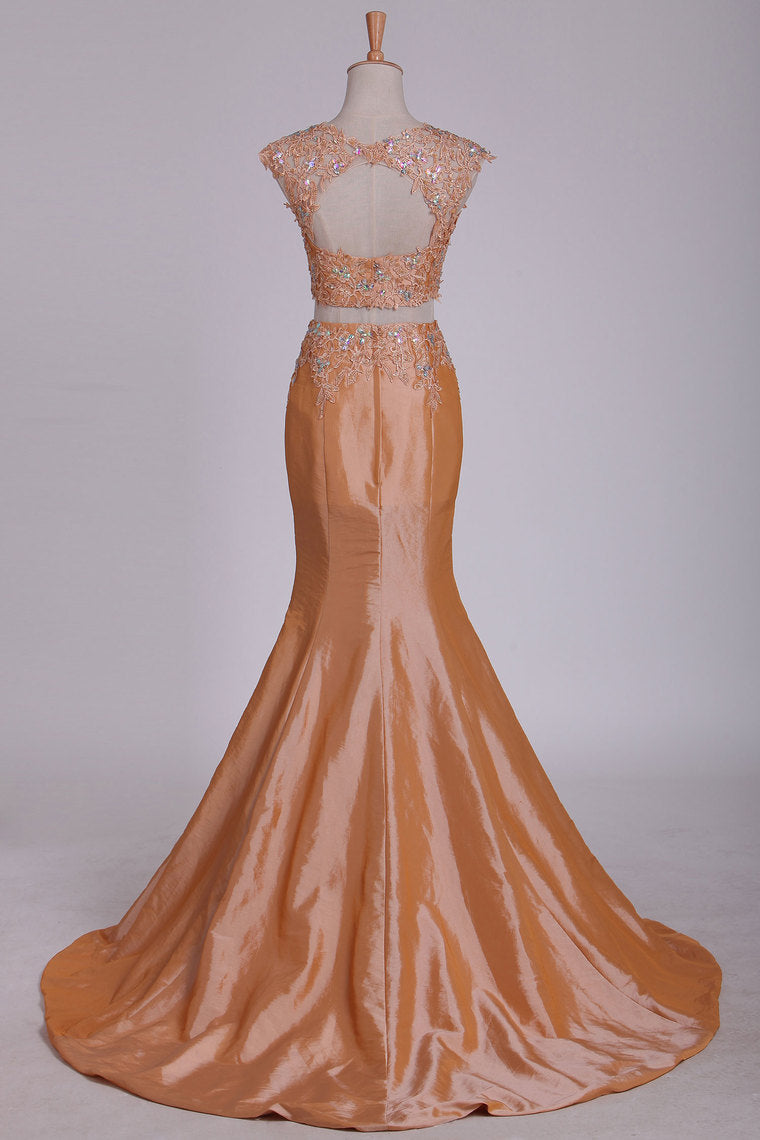 2024 Taffeta Two Pieces Prom Dresses Bateau Mermaid With Beading And Applique Sweep Train
