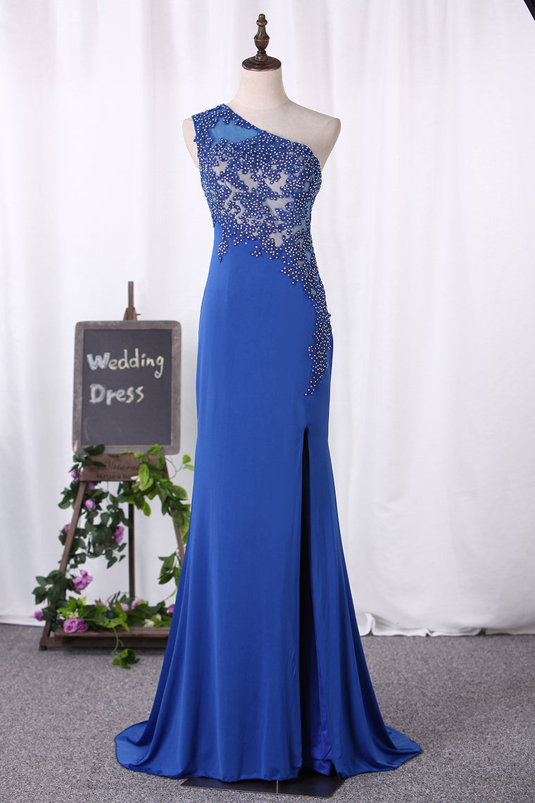 2024 Prom Dresses One Shoulder Mermaid With Applique And Slit Spandex
