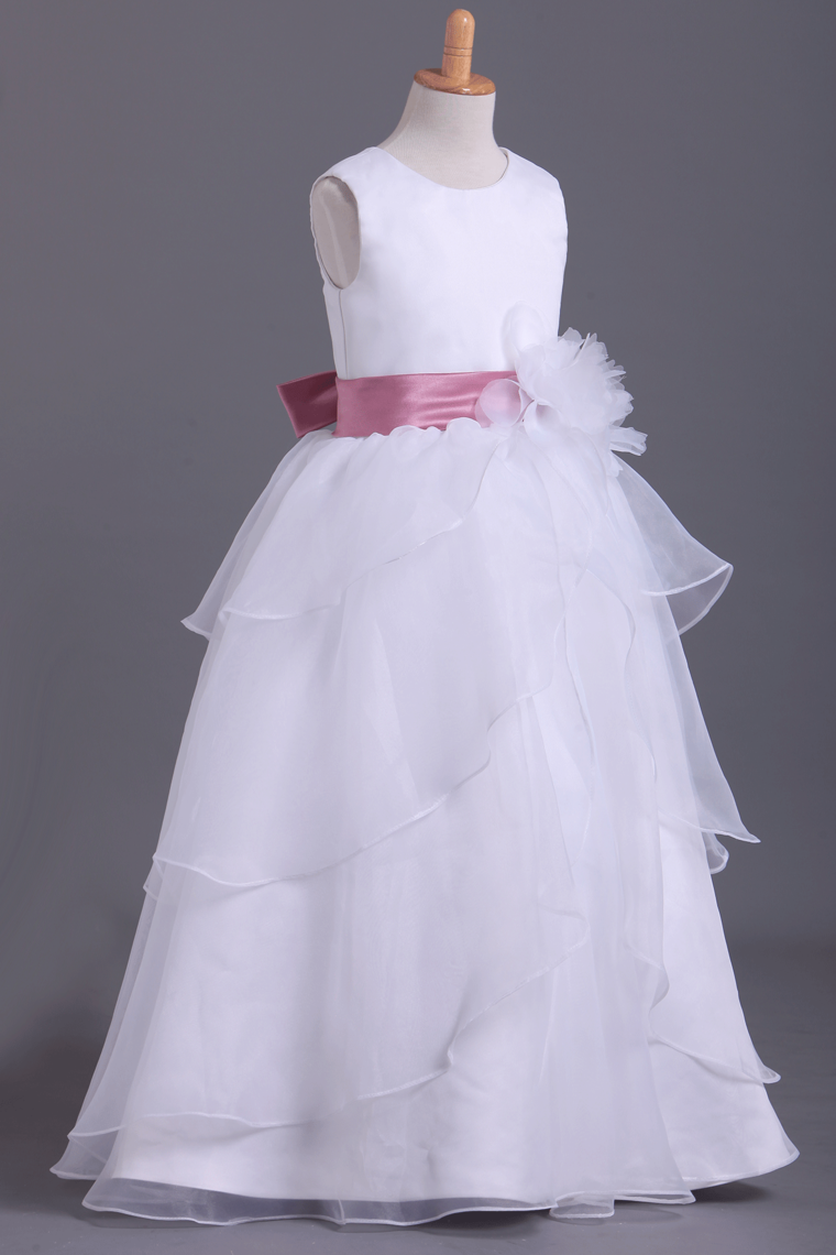 2022 White Flower Girl Dresses Ball Gown Scoop Floor Length Organza