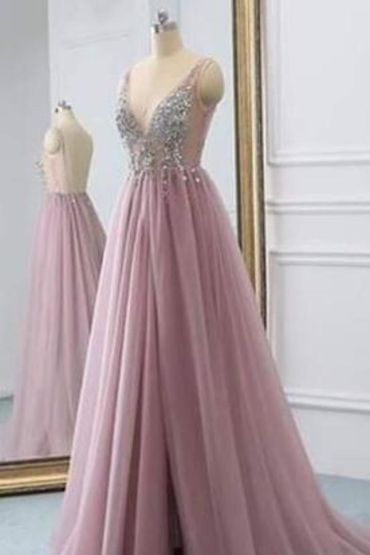 2024 Fantastic Beaded Bodice Prom Dresses A Line Tulle Deep V-Neck