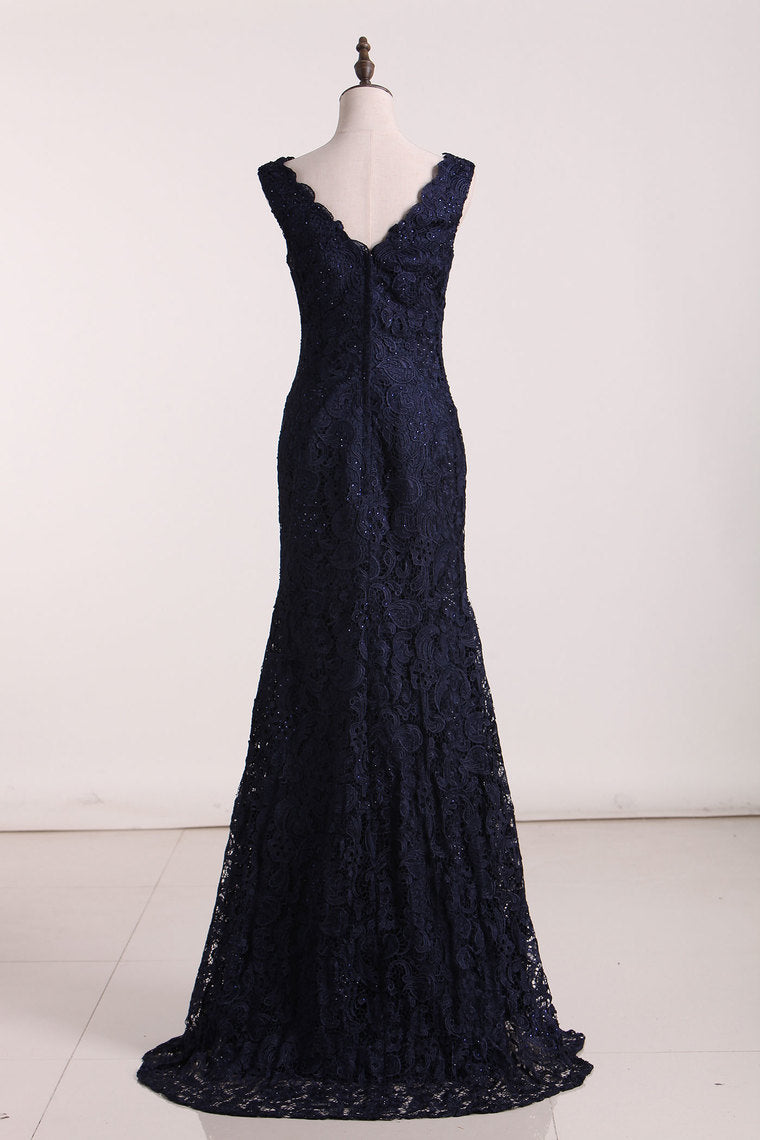 2024 Evening Dresses V Neck With Beading Sweep Train Lace Open Back