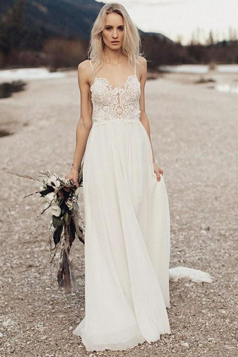 Spaghetti Straps Long Ivory Lace Chiffon Simple Elegant Beach Wedding Dresses