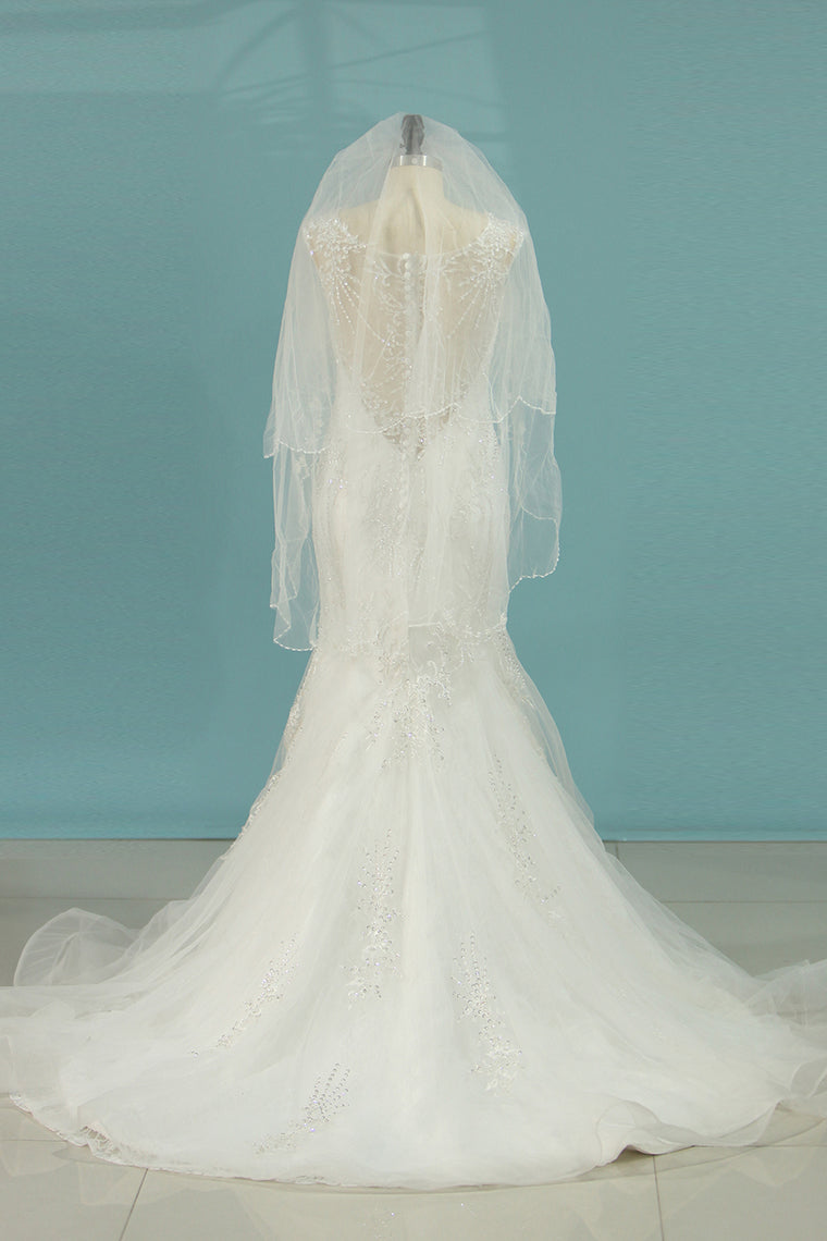 2024 Mermaid/Trumpet Wedding Dresses V-Neck Chapel Train Tulle With Applique Sleeveless