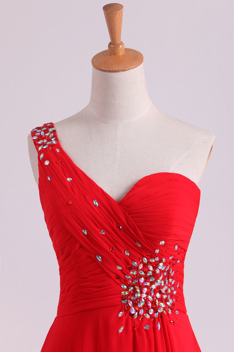 2022 Red One Shoulder A Line Prom Dresses Chiffon Floor Length With Beading And Ruffles