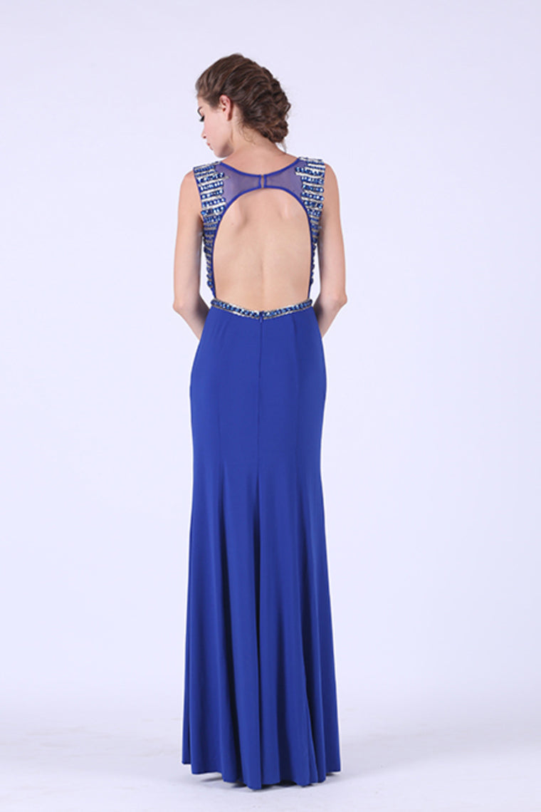 2022 Sexy Open Back Prom Dresses Scoop Beaded Bodice Spandex