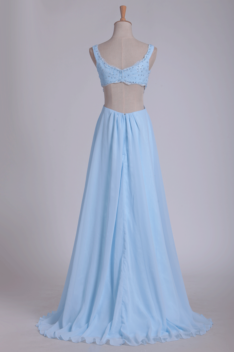 2022 Straps Prom Dresses A Line With Beads Floor Length Chiffon