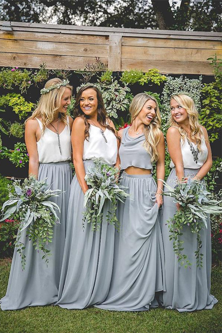 Pretty Lovely White And Gray Long A-Line Simple Bridesmaid Dresses