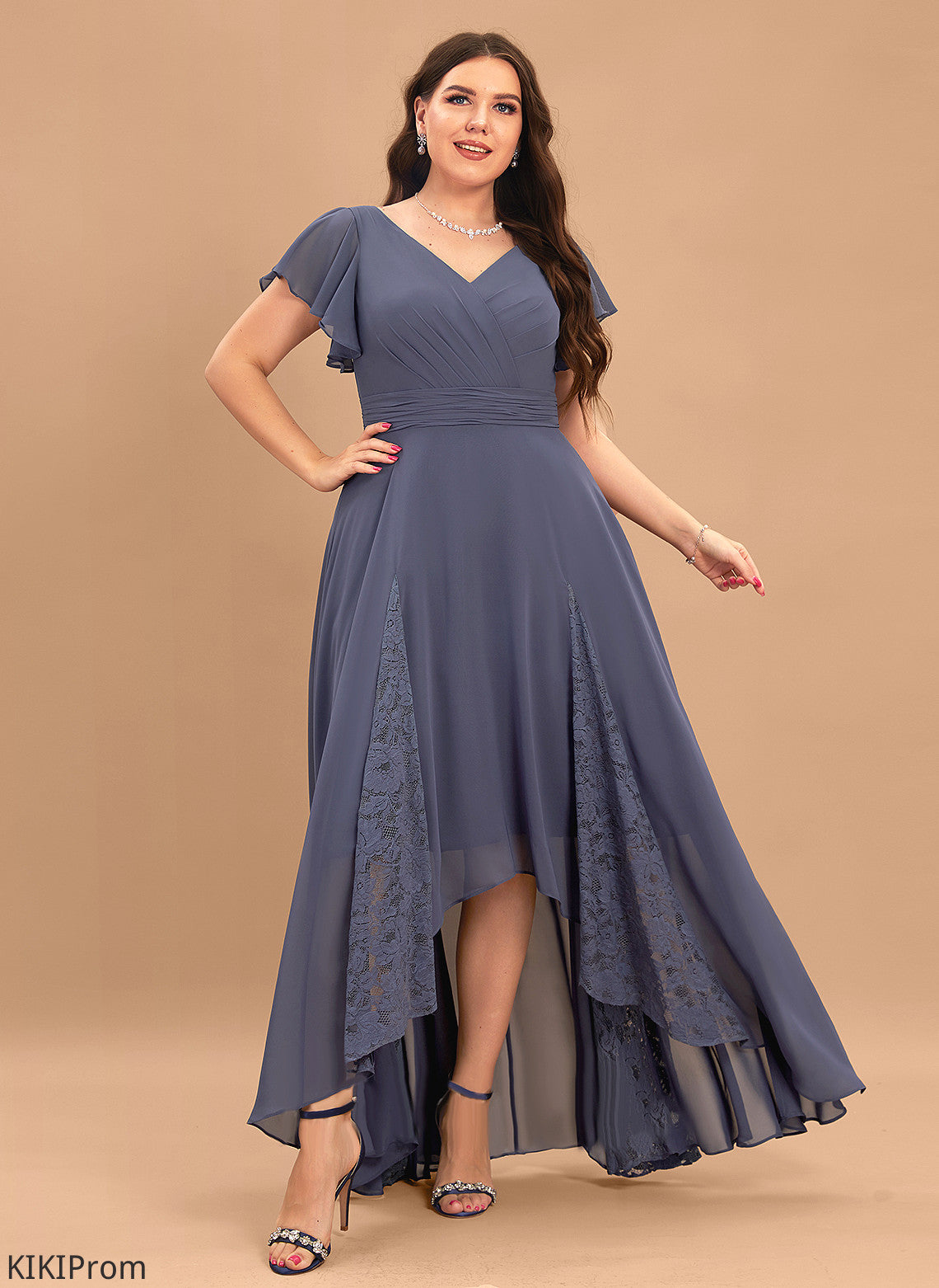 Neckline Embellishment A-Line Fabric Length Silhouette V-neck Asymmetrical Ruffle Riya Floor Length Sleeveless Bridesmaid Dresses