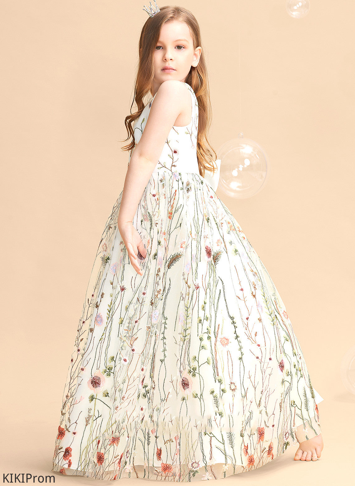 Sleeveless Flower Girl Dresses Dress V-neck Jewel A-Line Girl Floor-length With Jacquard - Flower(s)/Bow(s) Flower