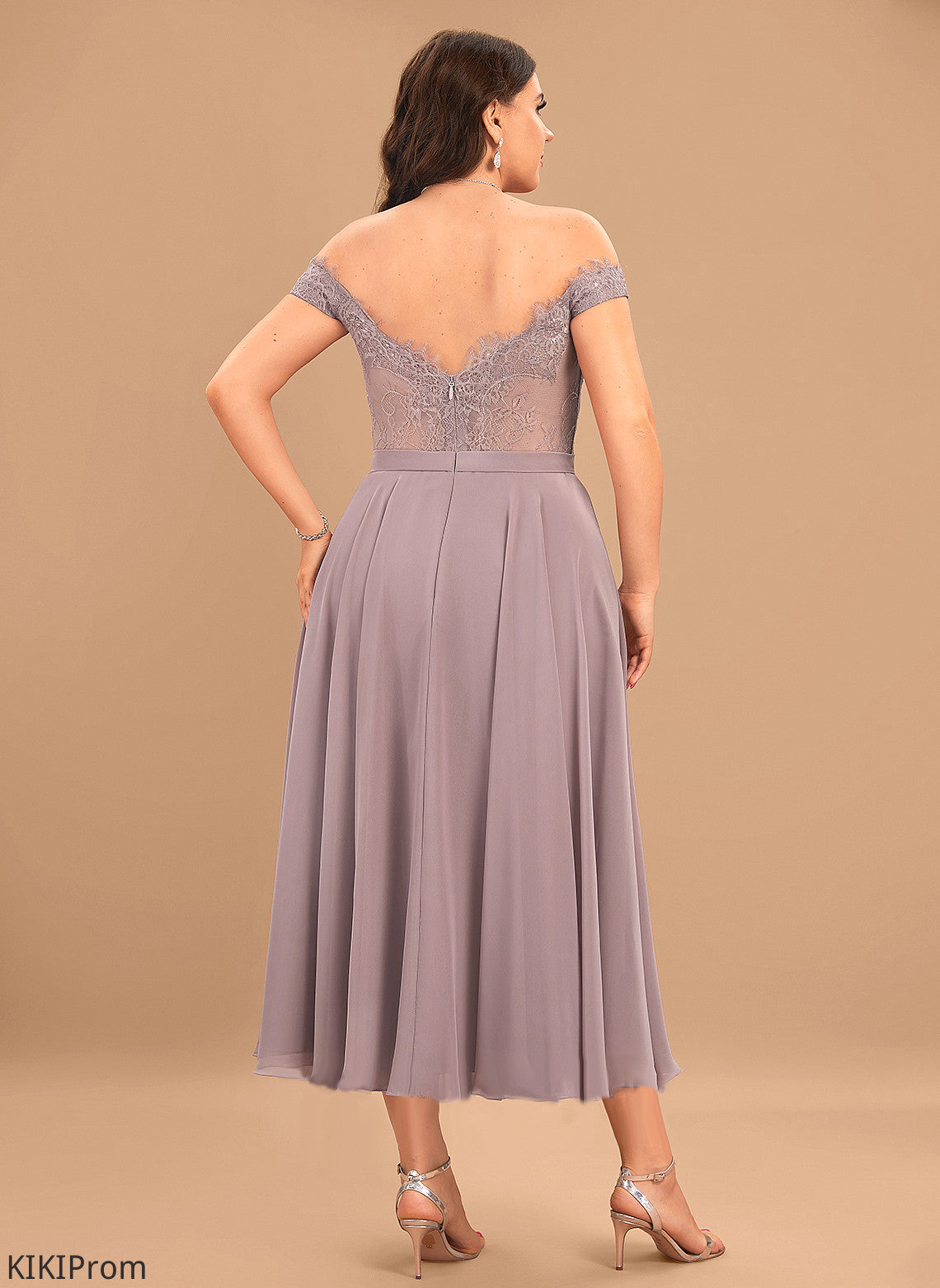 Dress Off-the-Shoulder Chiffon Homecoming With Lace Tea-Length Beading A-Line Sarahi Homecoming Dresses