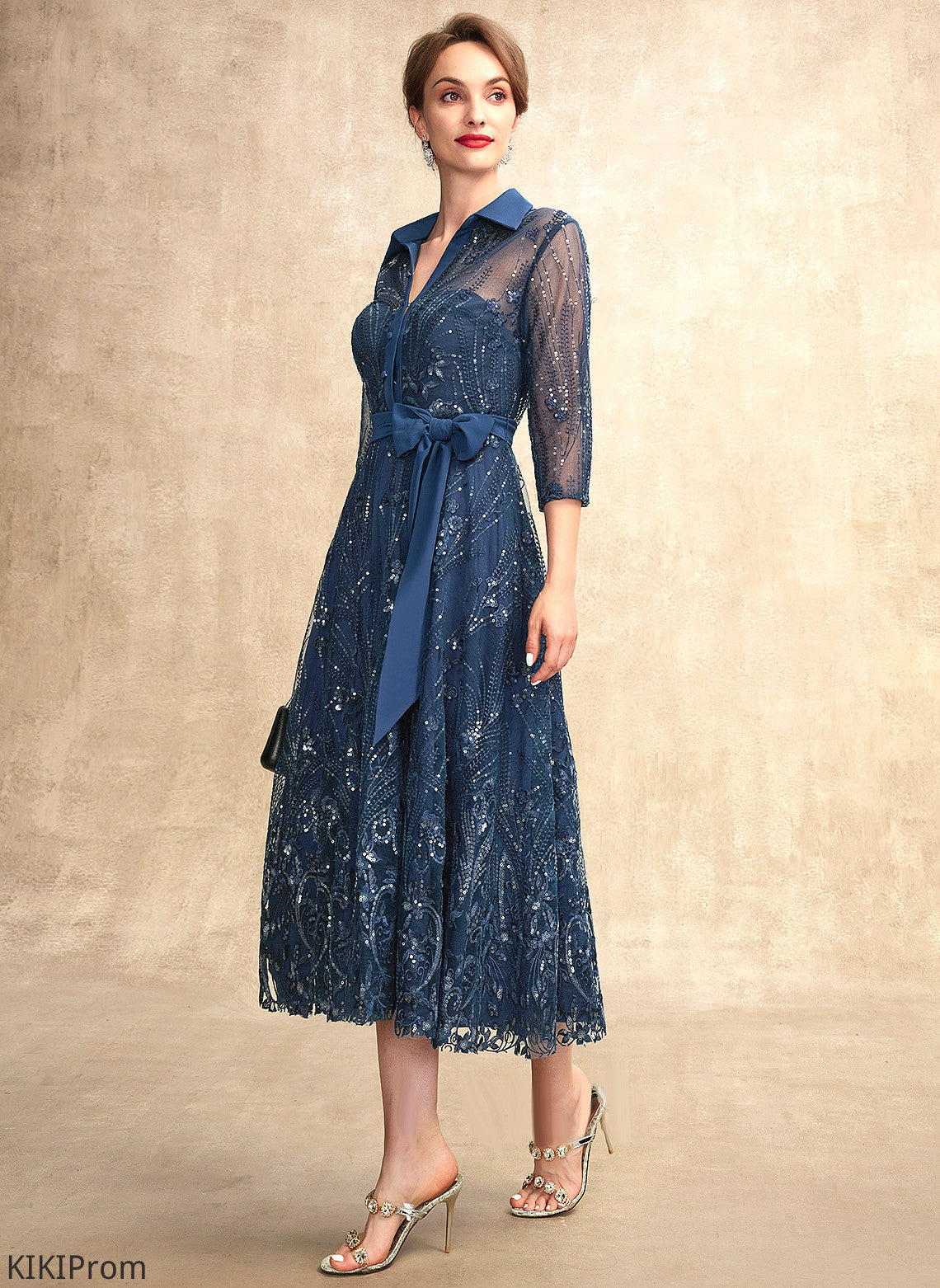 Mother Dress Lace Bow(s) Eliza A-Line Sequins Bride With Chiffon V-neck Tea-Length the Mother of the Bride Dresses of