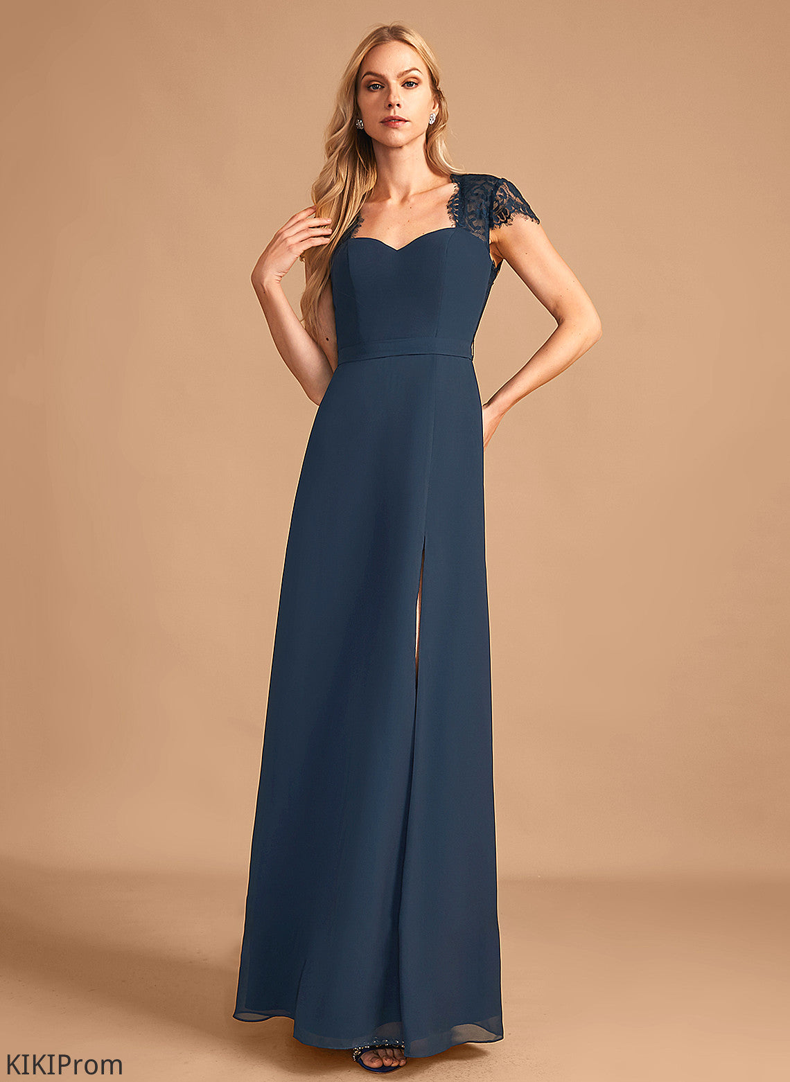 SplitFront Length V-neck Embellishment Floor-Length Silhouette A-Line Lace Neckline Fabric Kaleigh Bridesmaid Dresses